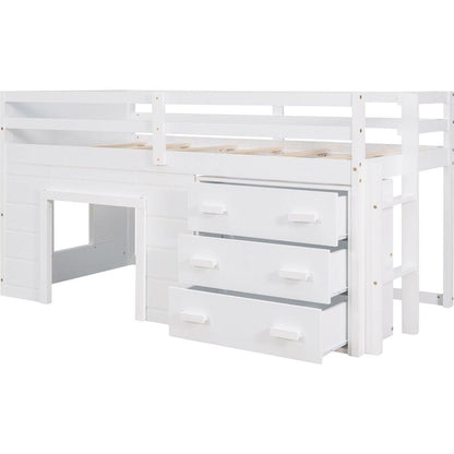 Twin Size Loft Bed with Cabinet and Shelf - White