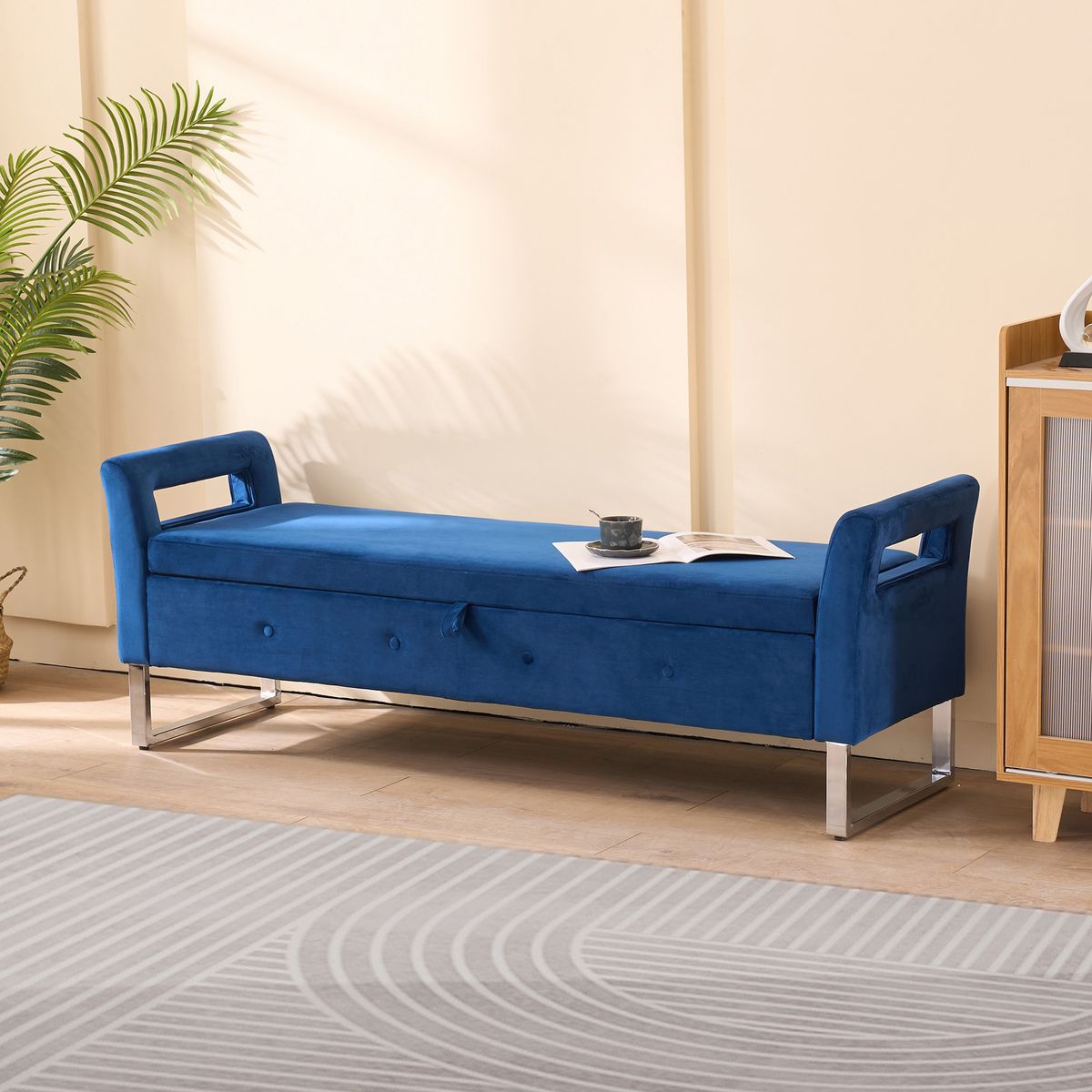 67.91'Wide Velvet Storage Soft Bench with Armrests  for Living Room, Entryway and Bedroom.  Navy