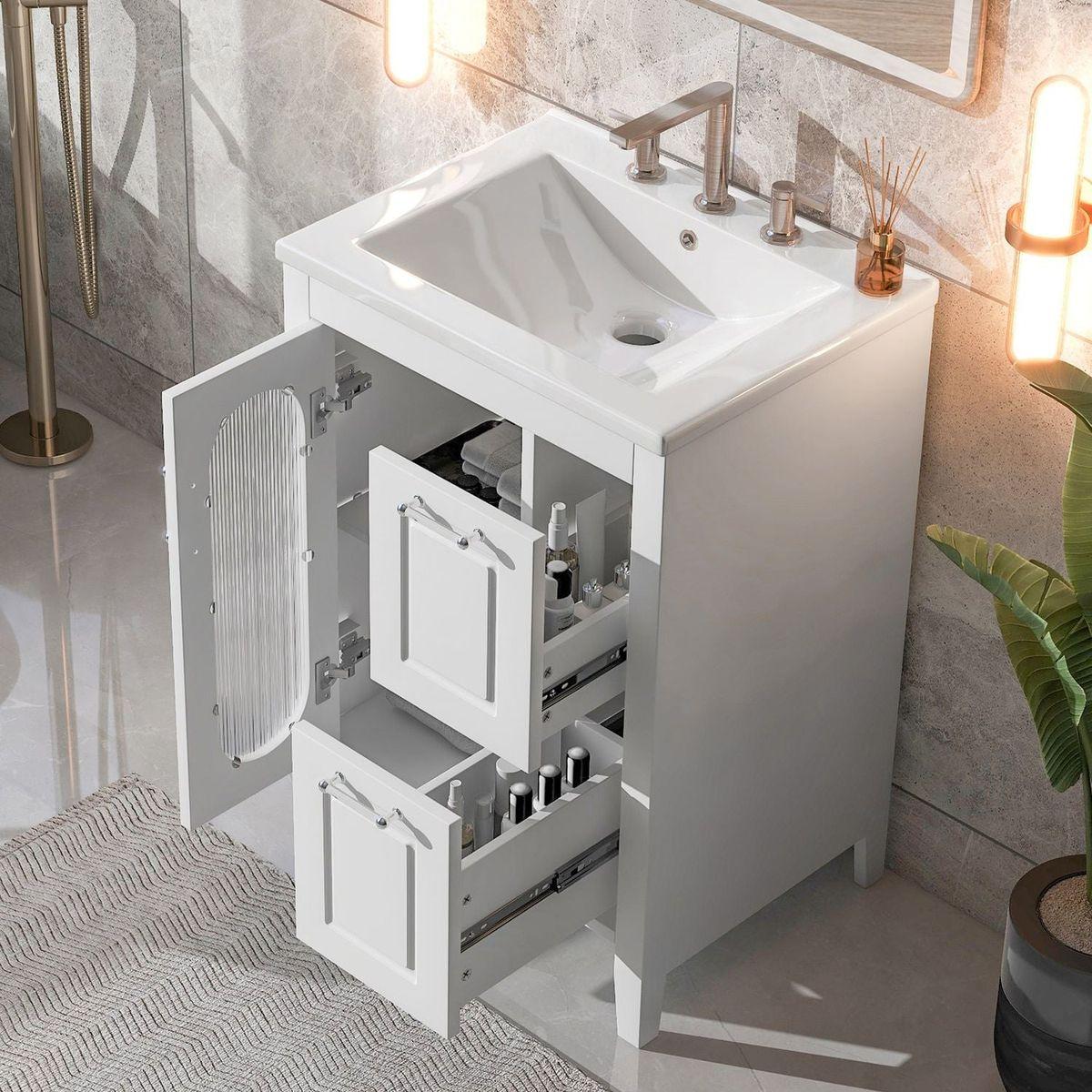 24" Bathroom Vanity with Sink, Bathroom Vanity Cabinet with Two Drawers and Door, Adjustable Shelf, Solid Wood and MDF, White