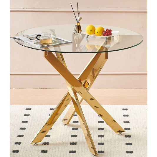 Golden Dining Table with cross metal leg and glass,Modern Space Saving Kitchen Table for Living Room