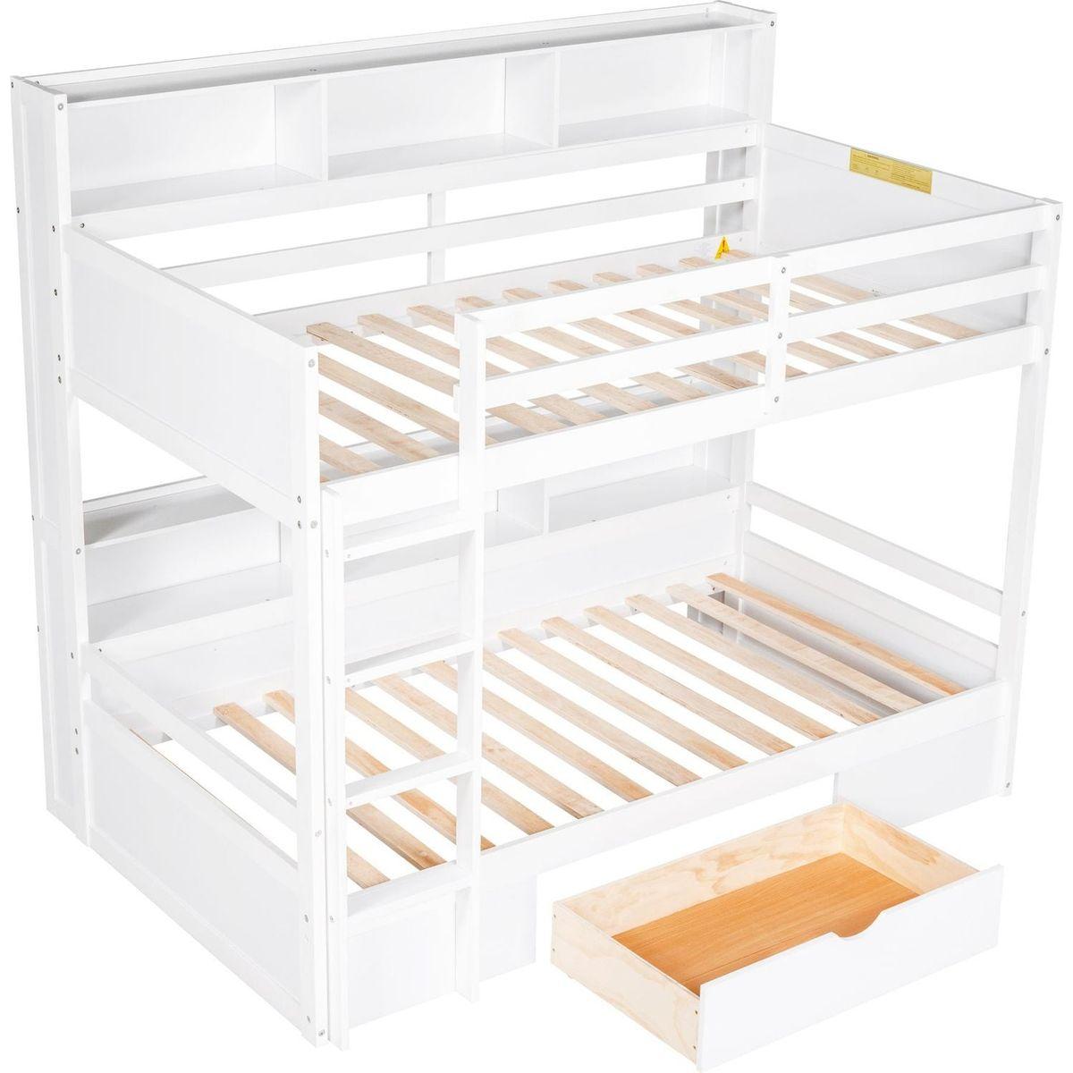 Twin Size Bunk Bed with Built-in Shelves Beside both Upper and Down Bed and Storage Drawer,White