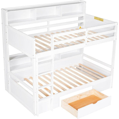 Twin Size Bunk Bed with Built-in Shelves Beside both Upper and Down Bed and Storage Drawer,White