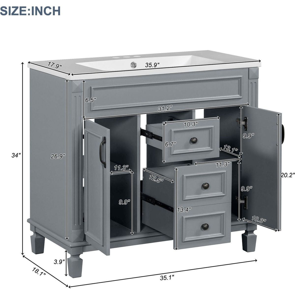 36" Bathroom Vanity with Top Sink, Modern Bathroom Storage Cabinet with 2 Soft Closing Doors and 2 Drawers, Single Sink Bathroom Vanity