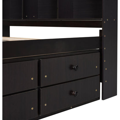 Full Bed with Bookcase Headboard, Under bed Storage Drawers and Bed End Storage Case,Espresso