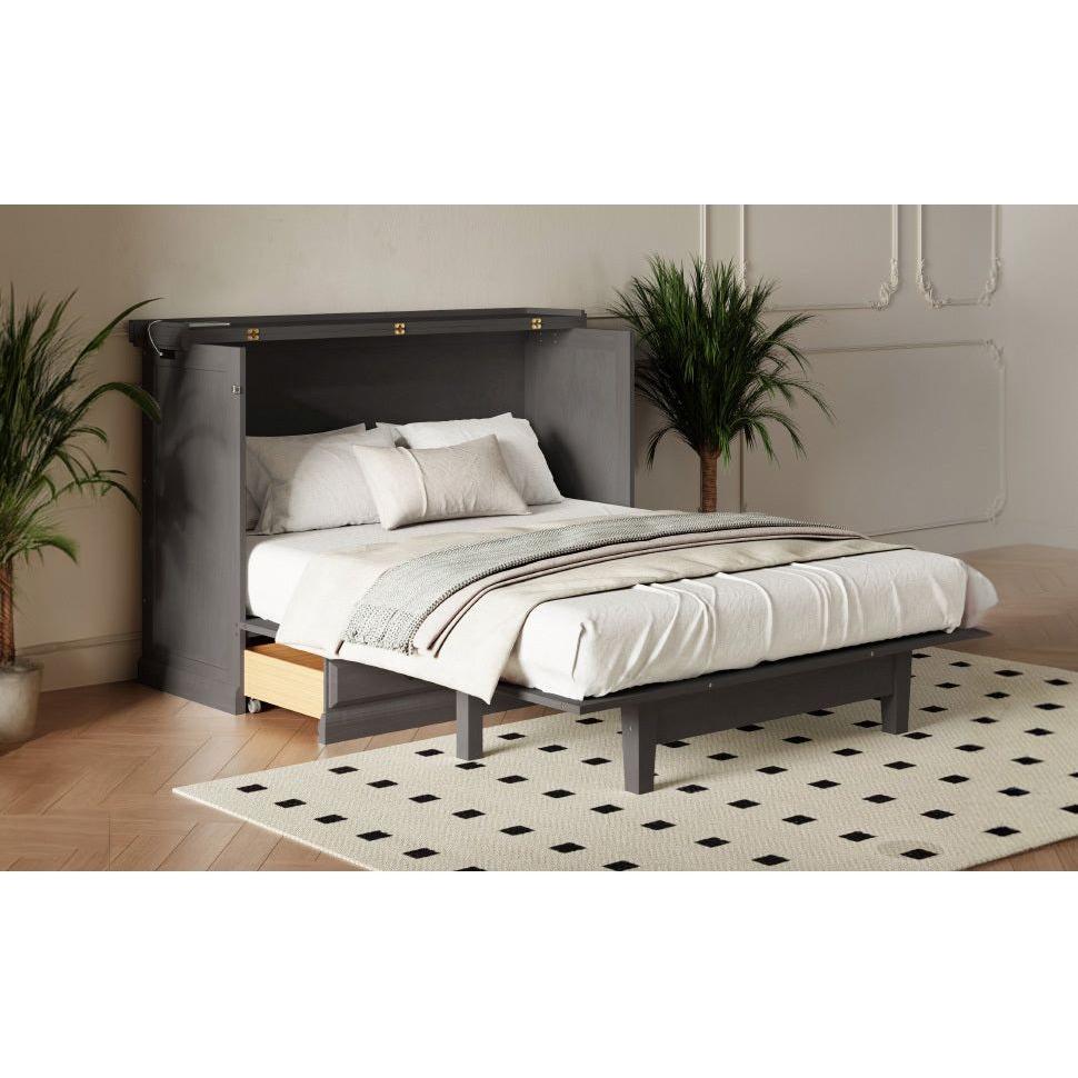 Solid Pine Murphy Bed Chest Cube Cabinet Bed with Charging Station and Large Storage Drawer for Home Office or Small Room,Full,Gray