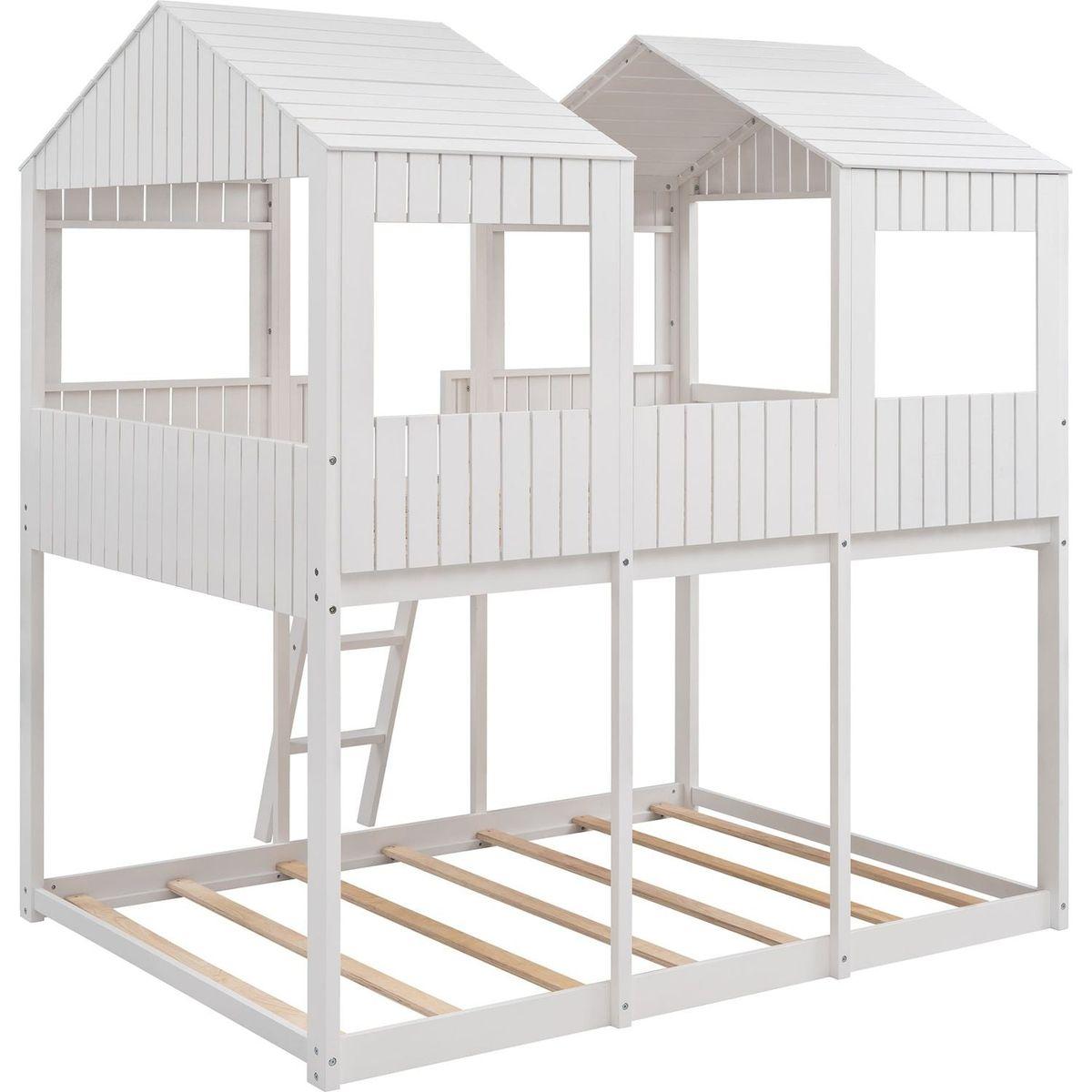 Full Over Full WoodBunk Bed with Roof, Window, Guardrail, Ladder(White)