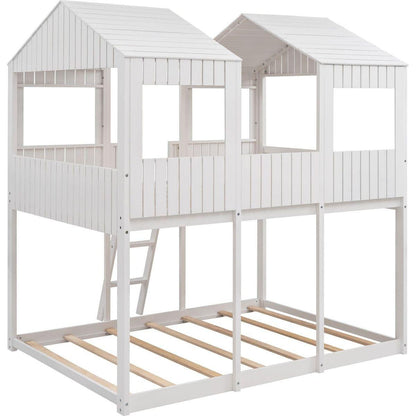 Full Over Full WoodBunk Bed with Roof, Window, Guardrail, Ladder(White)