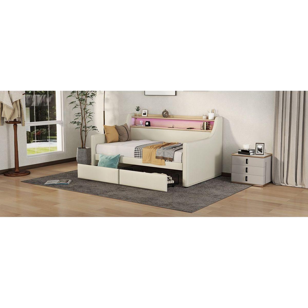 Twin Size Daybed with Storage Drawers, Upholstered Daybed with Charging Station and LED Lights, Beige