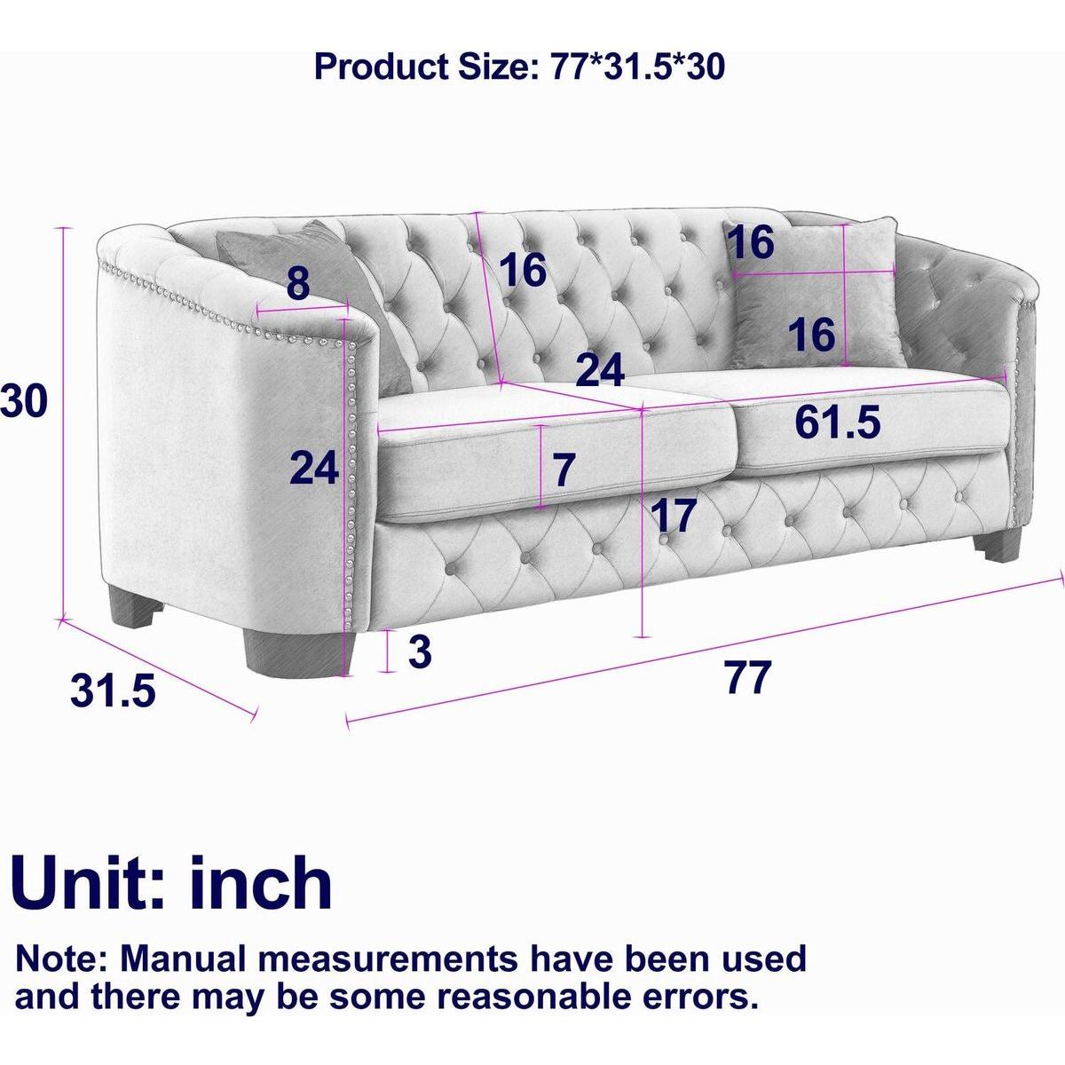 77-Inch Modern Chesterfield Velvet Sofa, 3-Seater Sofa, Upholstered Tufted Backrests with Nailhead Arms and 2 Cushions for Living Room, Bedroom, Apartment, Office (Grey)
