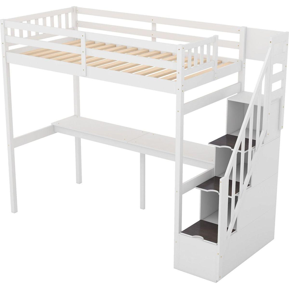 Twin Size Loft Bed with Storage Staircase and Built-in Desk, White