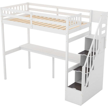 Twin Size Loft Bed with Storage Staircase and Built-in Desk, White