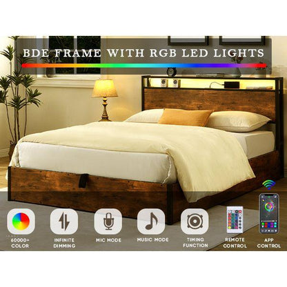 Lift-up Storage Bed Frame, Full Size Bed Frame with Bookcase Headboard & LED Lights, Wooden Platform Bed Frame with Charging Station, No Spring Box Needed, Rustic Brown
