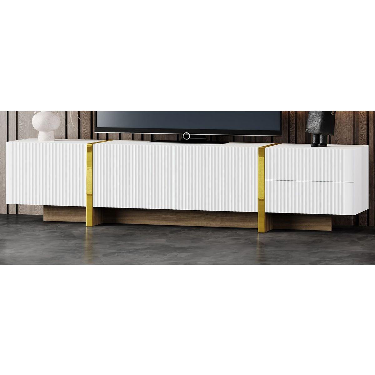Luxury Fluted TV Stand for TVs Up to 80", Modern Entertainment Center with Storage Cabinets & Drawers, Smooth Media Console with Golden Wood Grain Legs for Living Room, White