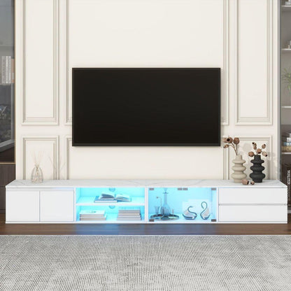 Modern APP Controlled LED TV Stand for TVs Up to 105", Faux Marble Tabletop Media Console with Tempered Glass Doors, Entertainment Center with 2 Drawers & Cabinets for Living Room, White