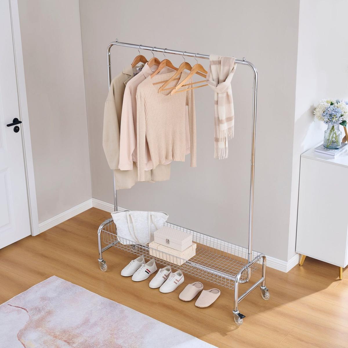 Garment Rack with Basket on Wheels Rolling Clothes Rack for Hanging Clothes Heavy Duty Garment Rack,2 pcs in one carton