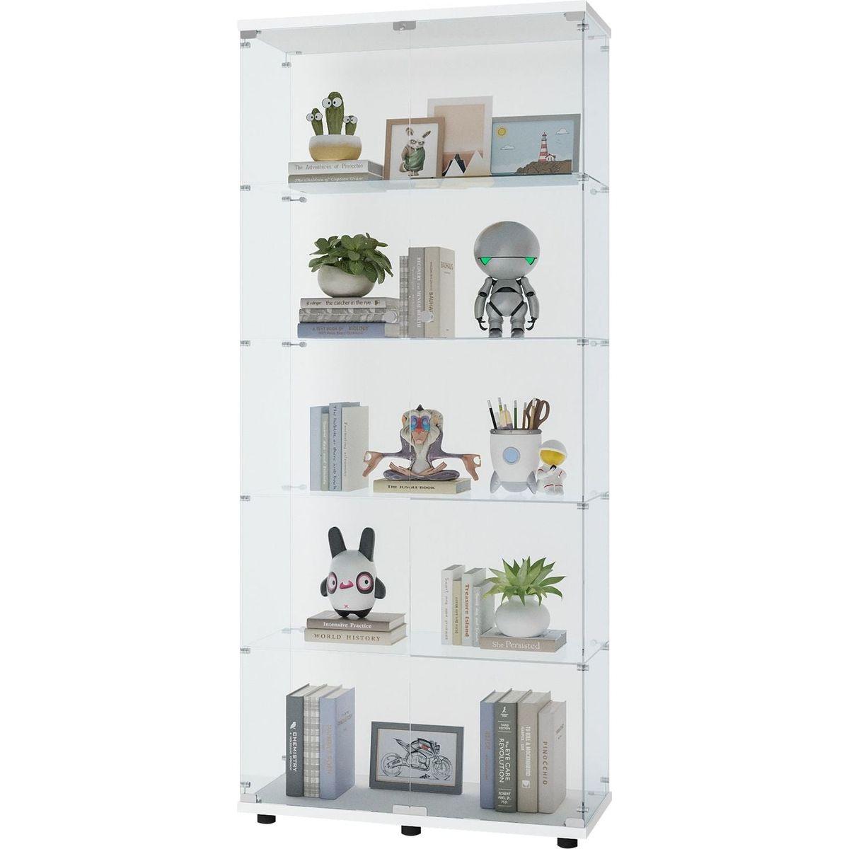 Glass Display Cabinet with 5 Shelves Double Door, Curio Cabinets for Living Room, Bedroom, Office, White Floor Standing Glass Bookshelf, Quick Installation