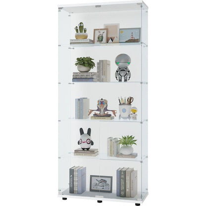Glass Display Cabinet with 5 Shelves Double Door, Curio Cabinets for Living Room, Bedroom, Office, White Floor Standing Glass Bookshelf, Quick Installation