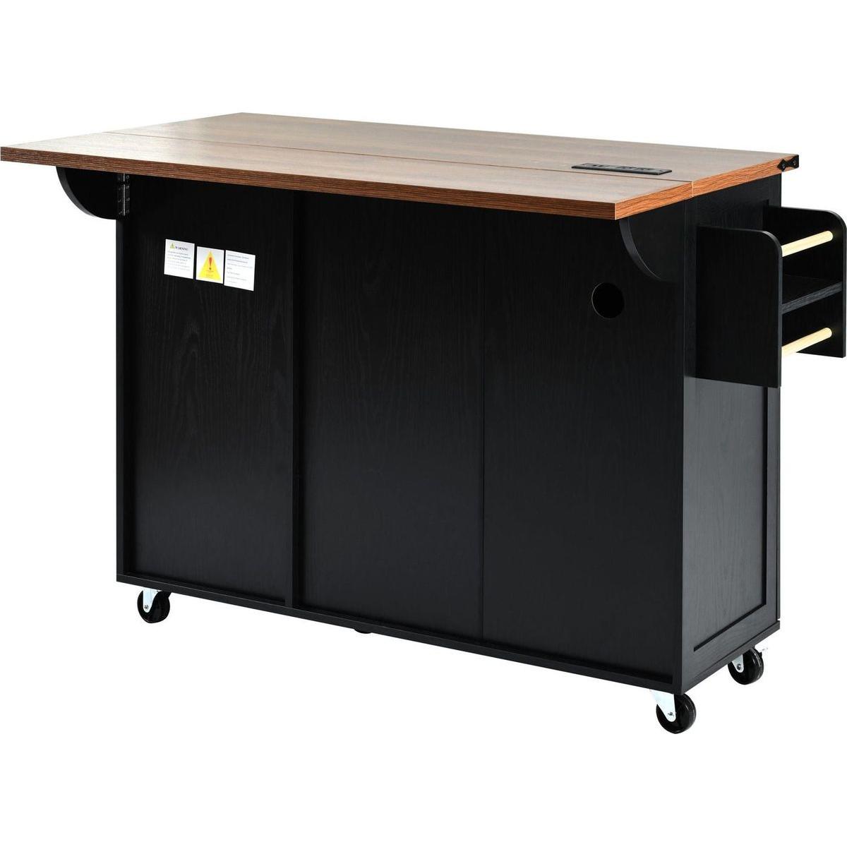 54.5" Farmhouse Kitchen Island with Power Outlet, Kitchen Storage Island with Internal Storage Rack, Drop Leaf, Spice Rack, Rolling Kitchen Cart on Wheels, for Home, Kitchen and Dining Room,Black