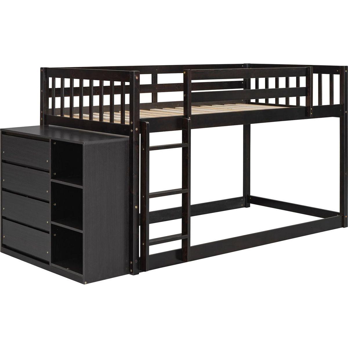 Twin over Twin Bunk Bed with 4 Drawers and 3 Shelves-Espresso