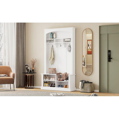 47.2" Wide Hall Tree with Bench and Shoe Storage, Multi-functional Storage Bench with 3 Hanging Hooks & Open Storage Space, Rectangle Storage & Shelves Coat Rack for Hallway, White