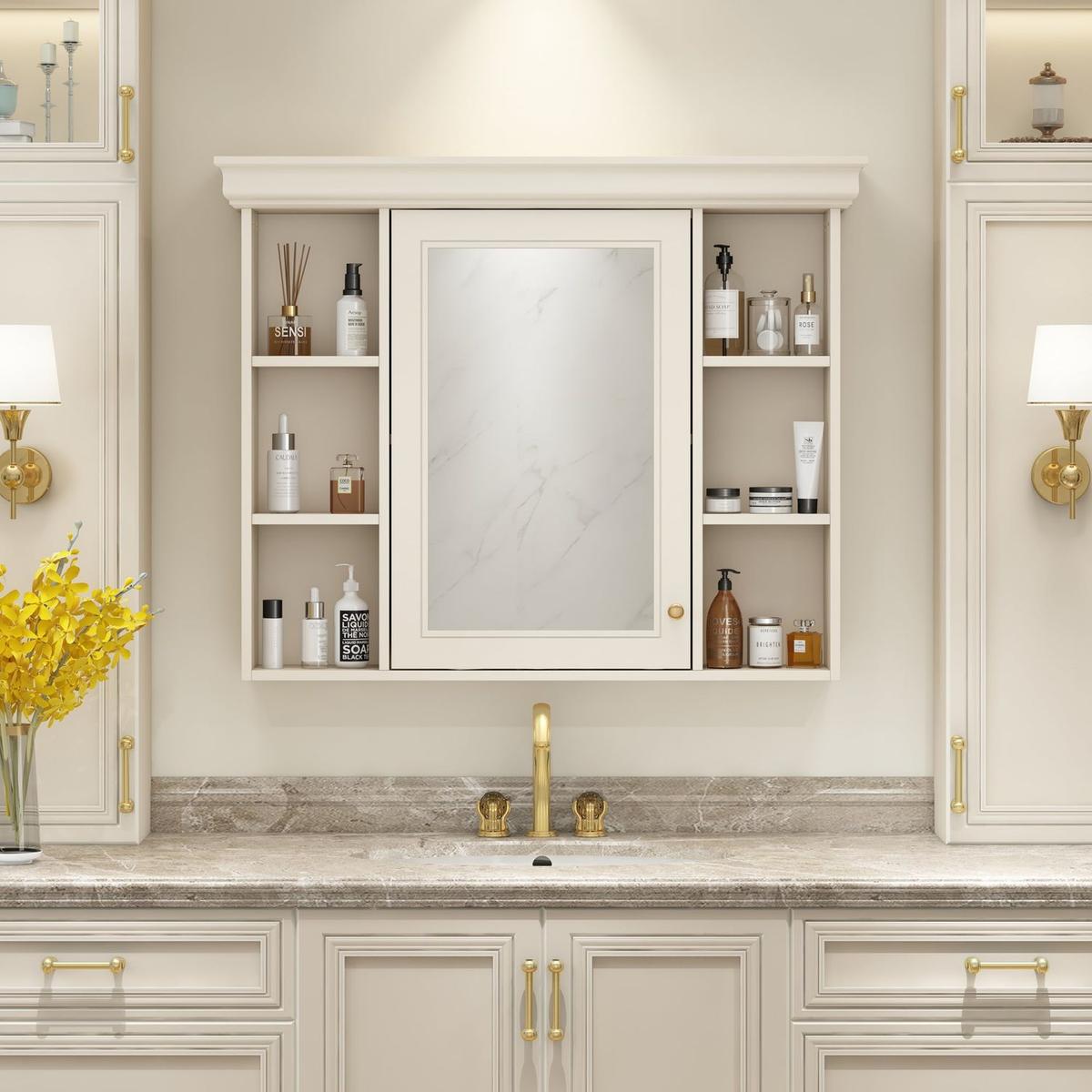 35" x 28" Blue Wall Mounted Bathroom Storage Cabinet with Mirror Door, Modern Bathroom Wall Cabinet with Mirror, Medicine Cabinet with 6 Open Shelves