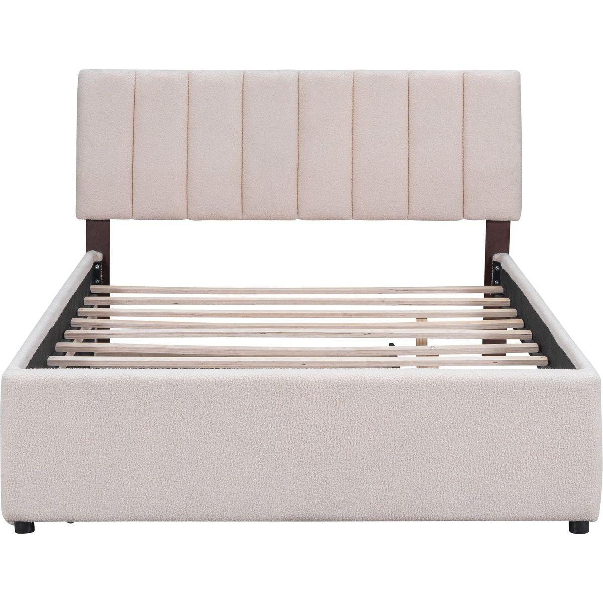 Teddy Fleece Full Size Upholstered Platform Bed with Trundle, Beige