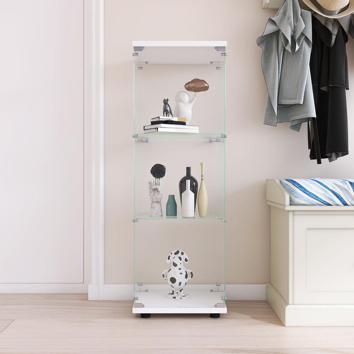Glass Display Cabinet with 3 Shelves, One-Door Curio Cabinets for Living Room, Bedroom, Office, White Floor Standing Glass Bookshelf, Quick Installation