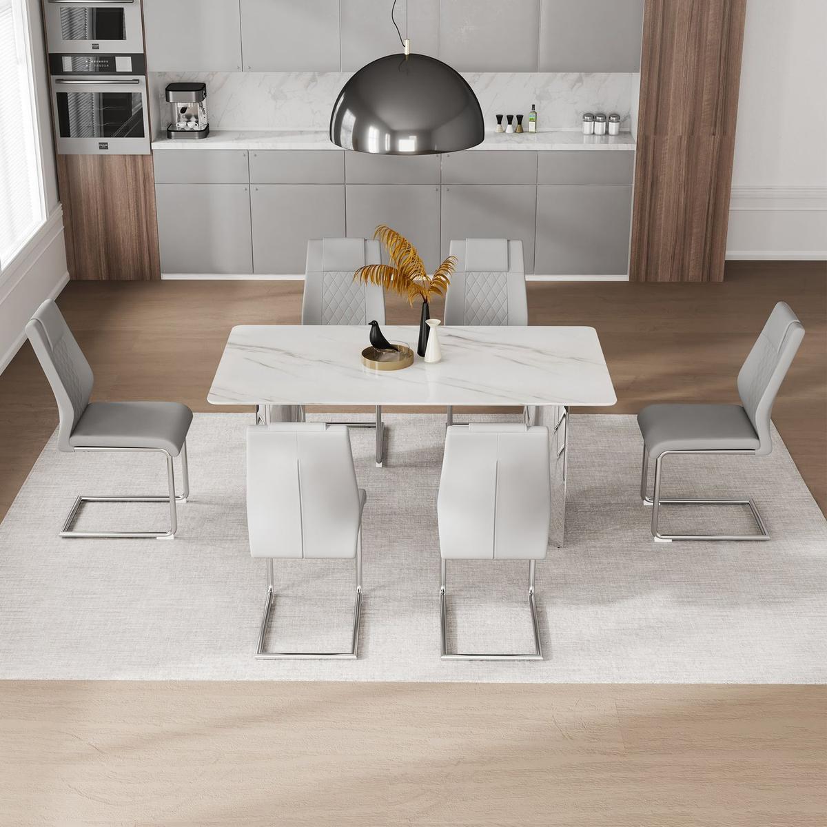 Table and chair set, modern and minimalist dining table. Imitation marble glass sticker desktop, stainless steel legs, stable and beautiful. Comfortable PU seats. DT-69