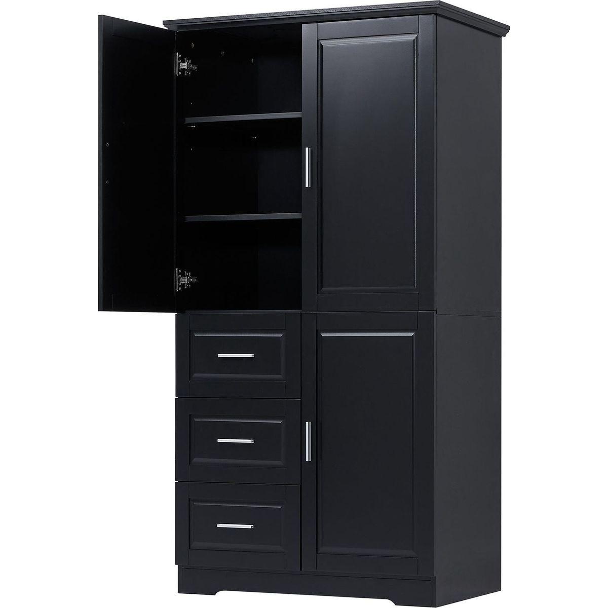 Tall and Wide Storage Cabinet with Doors for Bathroom/Office, Three Drawers, Black