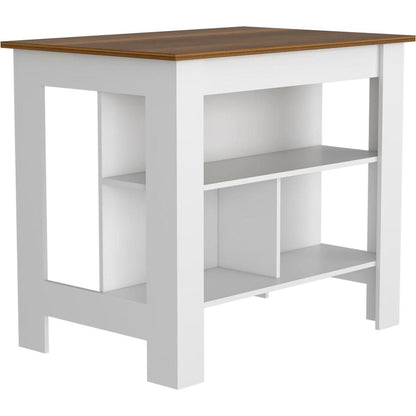 Kitchen Island, kitchen table 35" H, Four Legs, Three Open Storage Shelves, White / Walnut