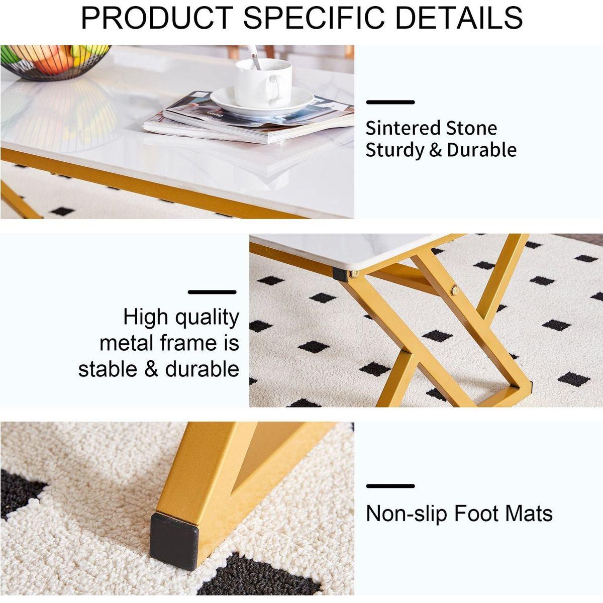 A modern minimalist style white marble patterned coffee table with golden metal legs. Computer desk. Game table. Tea table. CT-XX