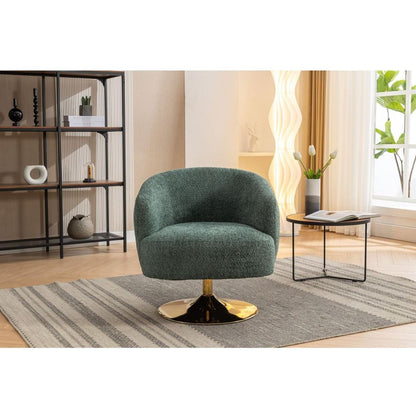 Chenille Fabric Accent Swivel Chair With Gold Metal Round Base,Green