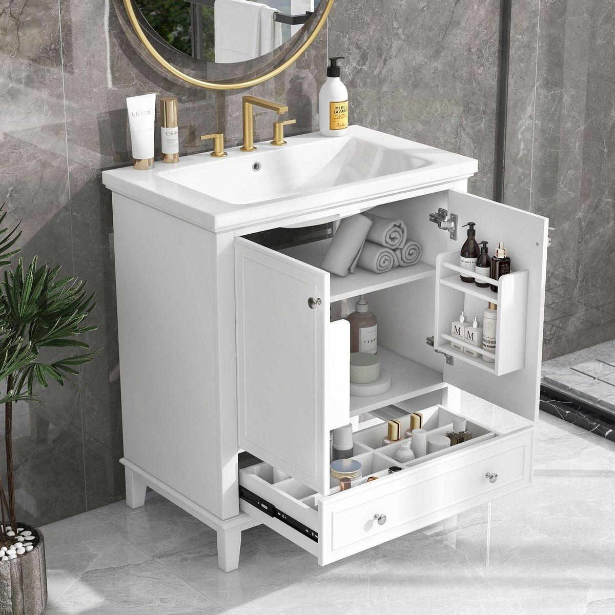 30" Bathroom Vanity with Sink Combo, Multi-functional Bathroom Cabinet with Doors and Drawer, Solid Frame and MDF Board, White