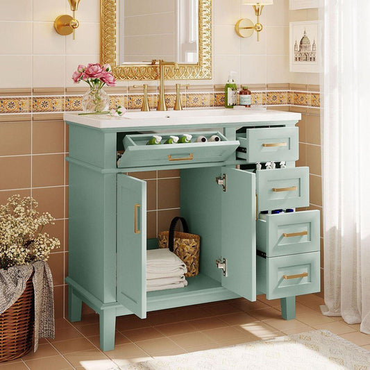 36-inch Bathroom Vanity with Resin Sink, Modern Bathroom Cabinet in Green, Featuring Two Soft Close Doors and Four Drawers