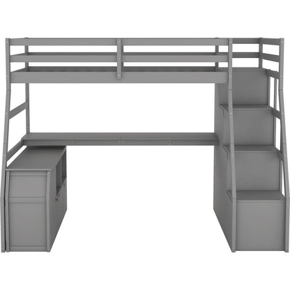 Twin Size Loft Bed with 7 Drawers 2 Shelves and Desk - Gray