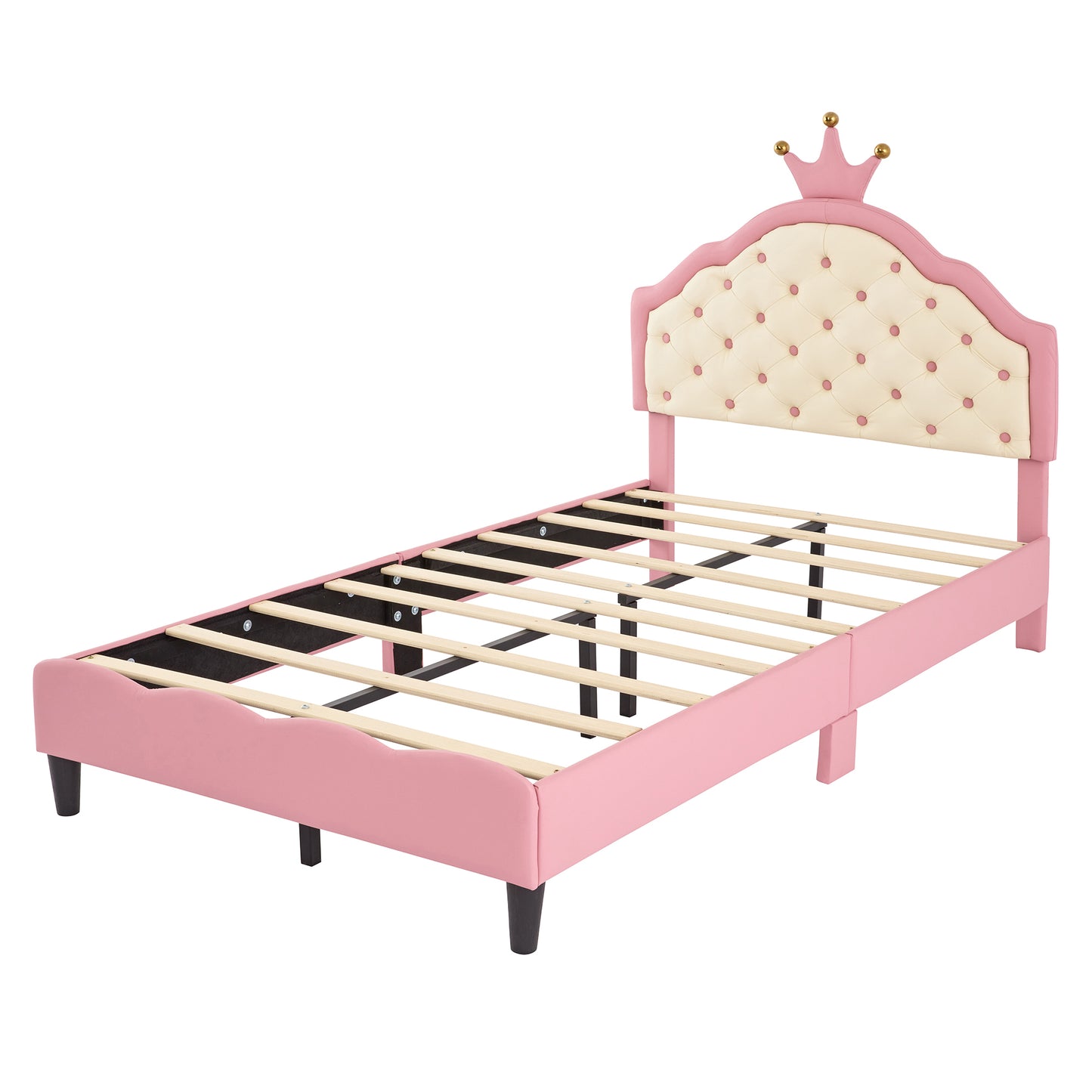 Twin Size Lovely Crown Fantasy PU Leather Princess Bed with Tufted Headboard, Pink+Cream