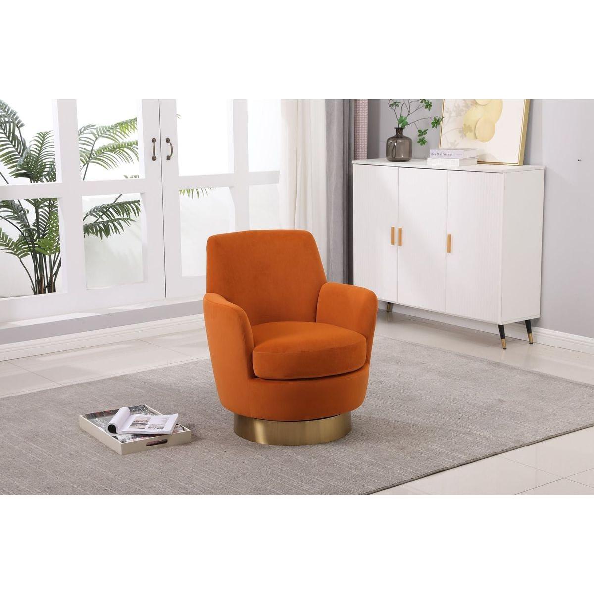 Velvet Swivel Barrel Chair, Swivel Accent Chairs Armchair for Living Room, Reading Chairs for Bedroom Comfy, Round Barrel Chairs with Gold Stainless Steel Base (Orange)