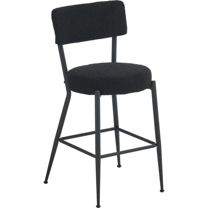 Set of 2 modern teddy fabric upholstered bar stools - Metal base high stool - Suitable for kitchen, dining and living room - Black - Stylish and comfortable island seating