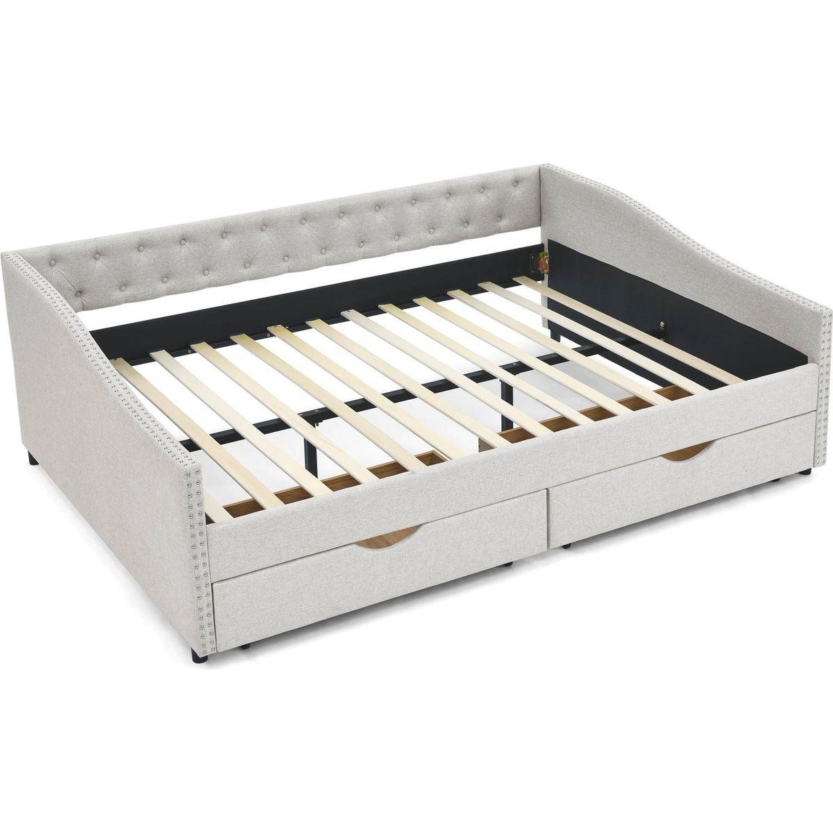 Queen Size Daybed with Drawers Upholstered Tufted Sofa Bed,,with Button on Back and Copper Nail on Waved Shape Arms, Beige (84.5"x63.5"x26.5")