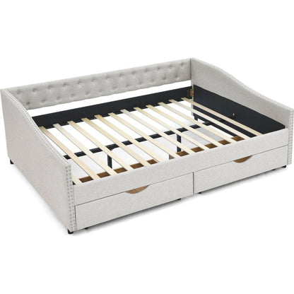 Queen Size Daybed with Drawers Upholstered Tufted Sofa Bed,,with Button on Back and Copper Nail on Waved Shape Arms, Beige (84.5"x63.5"x26.5")
