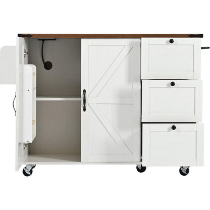 54.5" Farmhouse Kitchen Island with Power Outlet, Kitchen Storage Island with Internal Storage Rack, Drop Leaf, Spice Rack, Rolling Kitchen Cart on Wheels, for Home, Kitchen and Dining Room,White