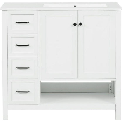 36" Bathroom Vanity with Sink Top, Bathroom Vanity Cabinet with Two Doors and Two Drawers, Solid Wood, Open shelf, MDF Boards, One Package, White