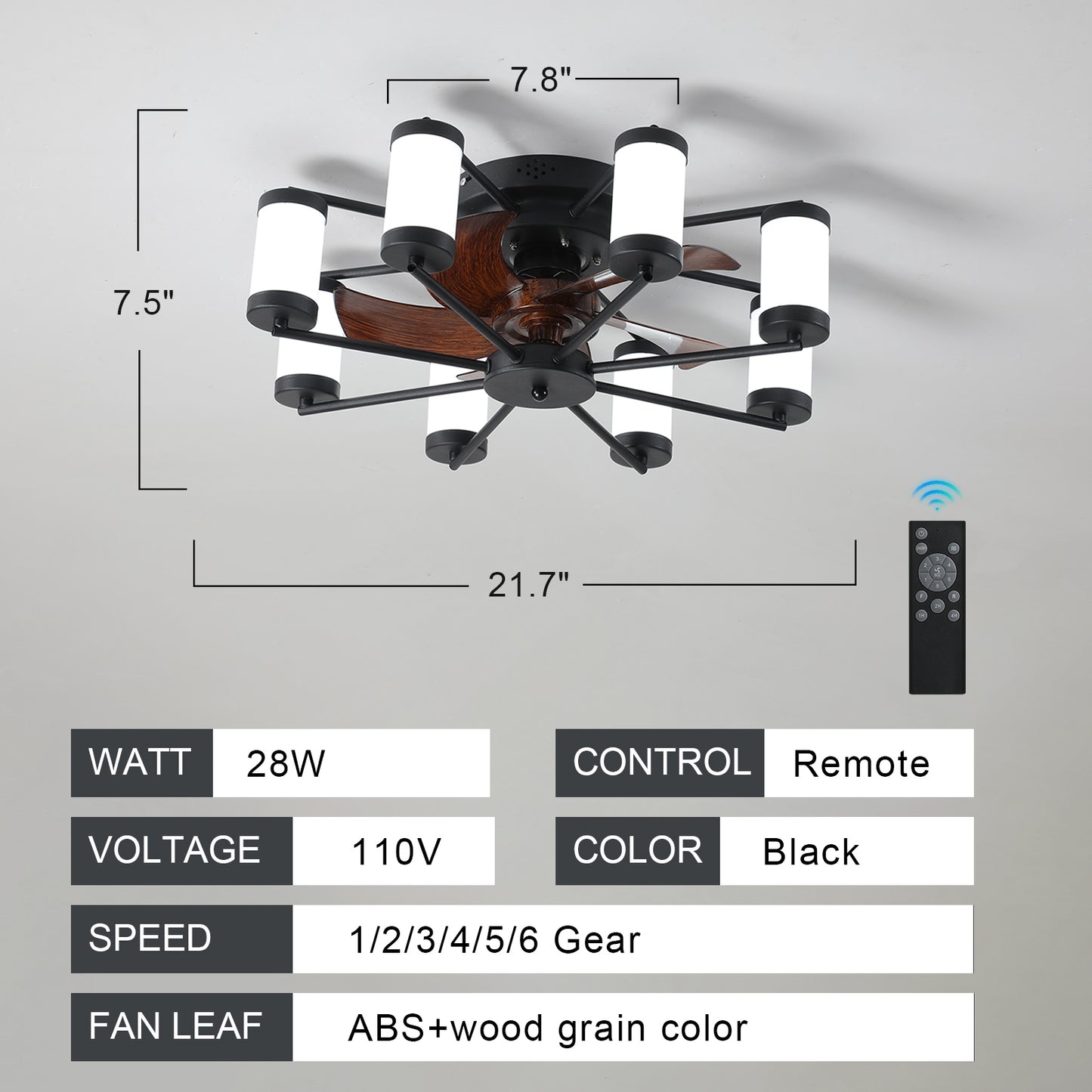 21.7 inch Ceiling Fan Light - Windmill-shaped Flush Mount Ceiling Fan with Light with Remote Control and Timer,Black