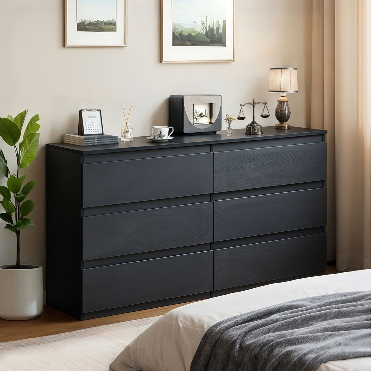 6 Drawer Black Dresser, Modern Bedroom Dresser with Spacious Countertop, Wood Storage Cabinet with Concealed Handles 6 Drawer Black Dresser, Modern Bedroom Dresser with Spacious Countertop, Wood Storage Cabinet with Concealed Handles