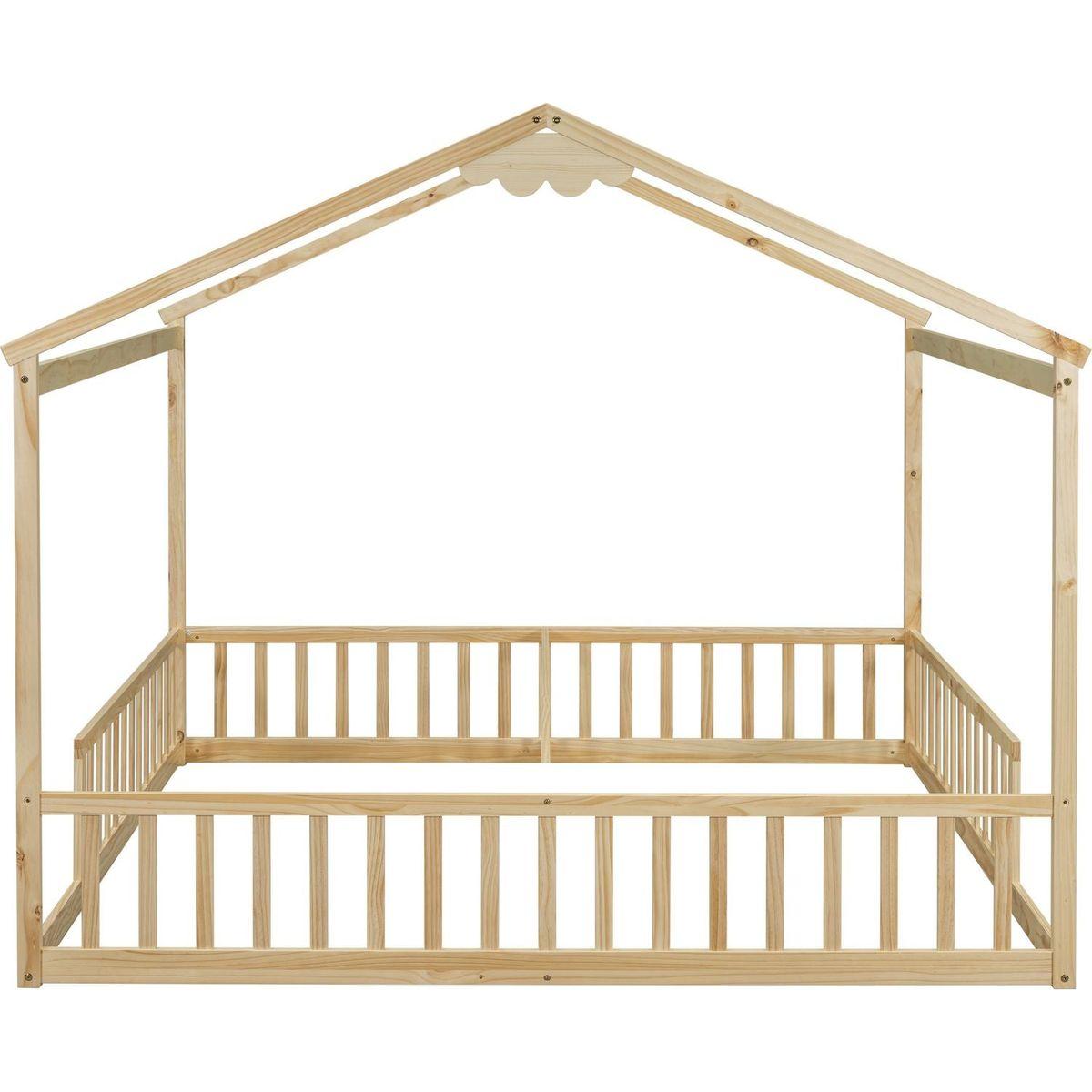 Double Twin House-Style Floor Bed with Fence, Guardrails, without door, Natural