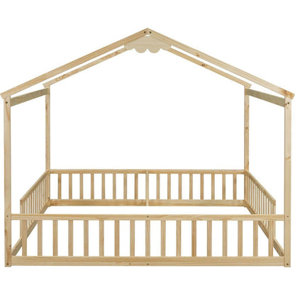 Double Twin House-Style Floor Bed with Fence, Guardrails, without door, Natural