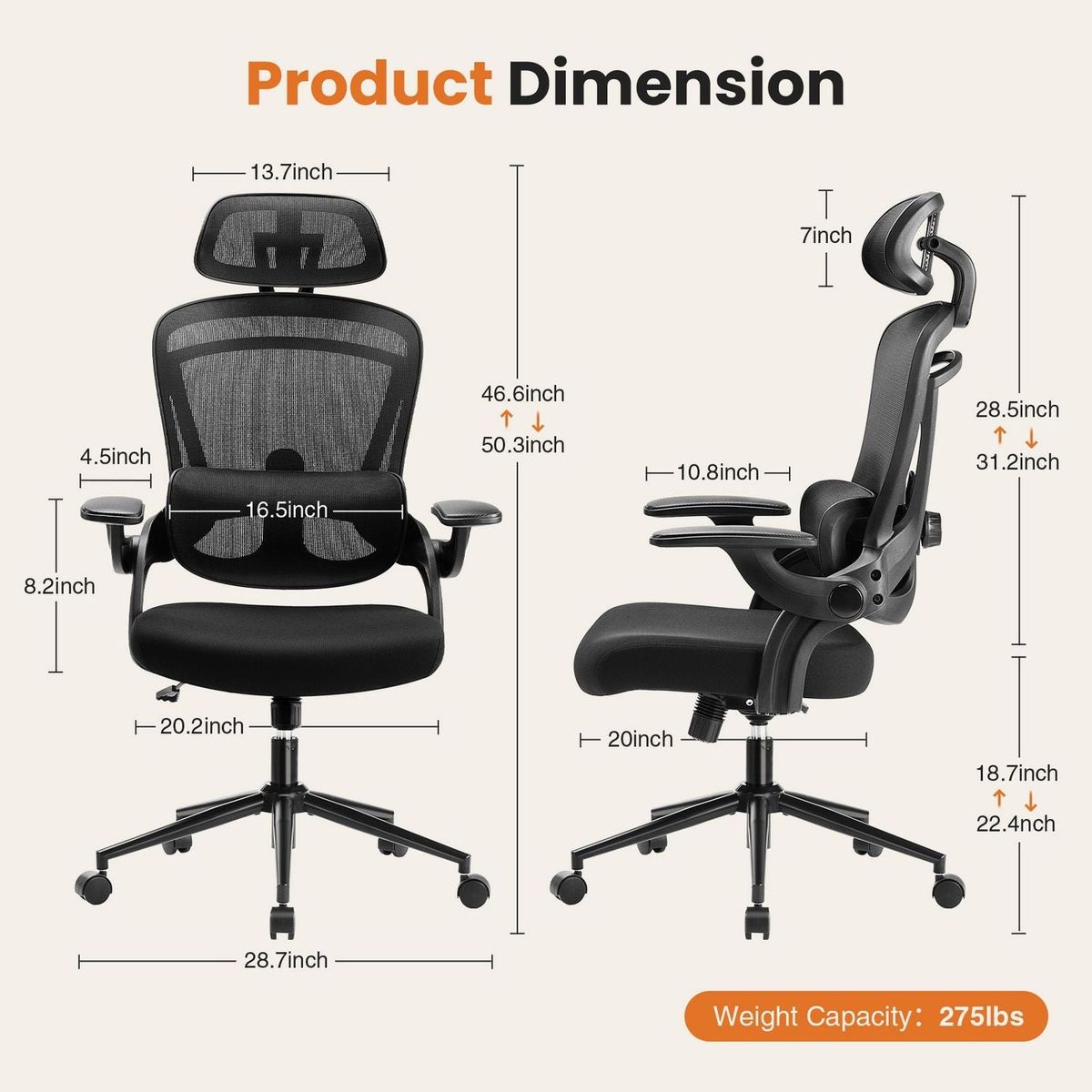 High Back Desk Chair with Adjustable Lumbar Support & Headrest,Comfortable Mesh Computer Chair with Soft Flip Up Arms, Adjustable Height and 120Tilt,Black