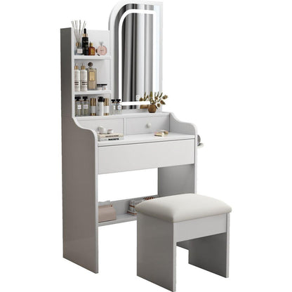 Fashion Vanity Desk with Mirror and Lights for Makeup with hair dryer holder and Chair, Vanity Mirror with Lights and Table Set with 3 Color Lighting Brightness Adjustable, 3 Drawers, White Color