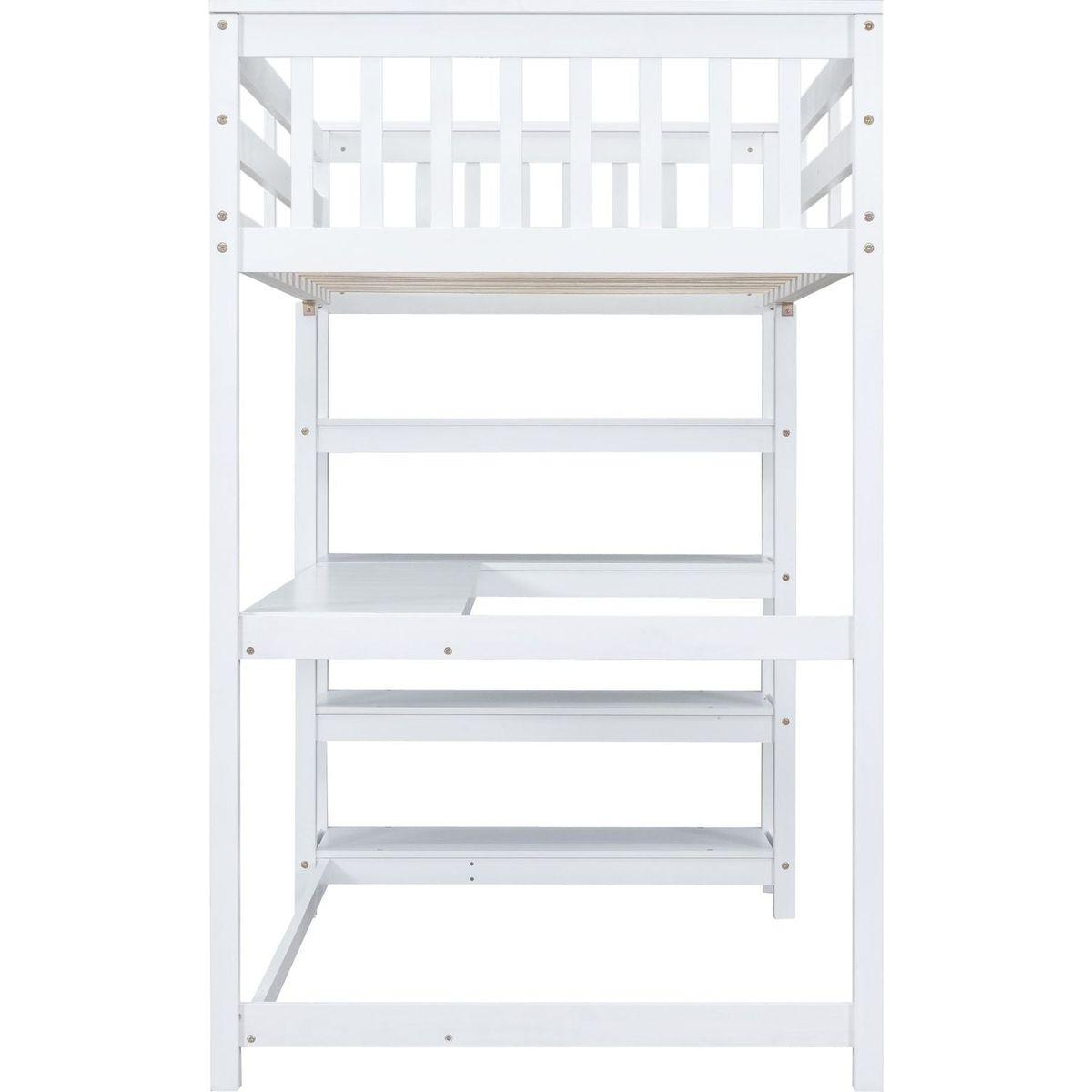 Twin Size Loft Bed with Storage Shelves and Under-bed Desk, White