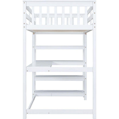 Twin Size Loft Bed with Storage Shelves and Under-bed Desk, White